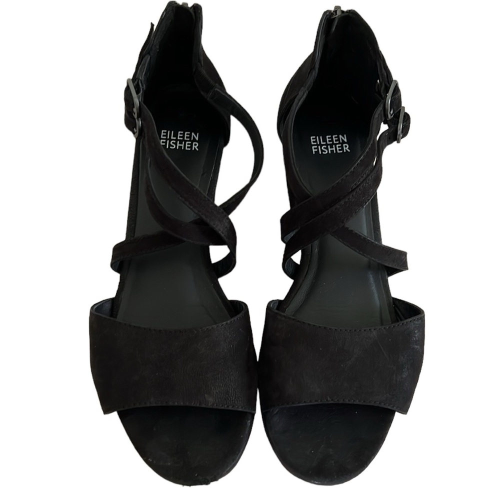 Eileen Fisher suede block heel sandals. Cross straps, zipper back.